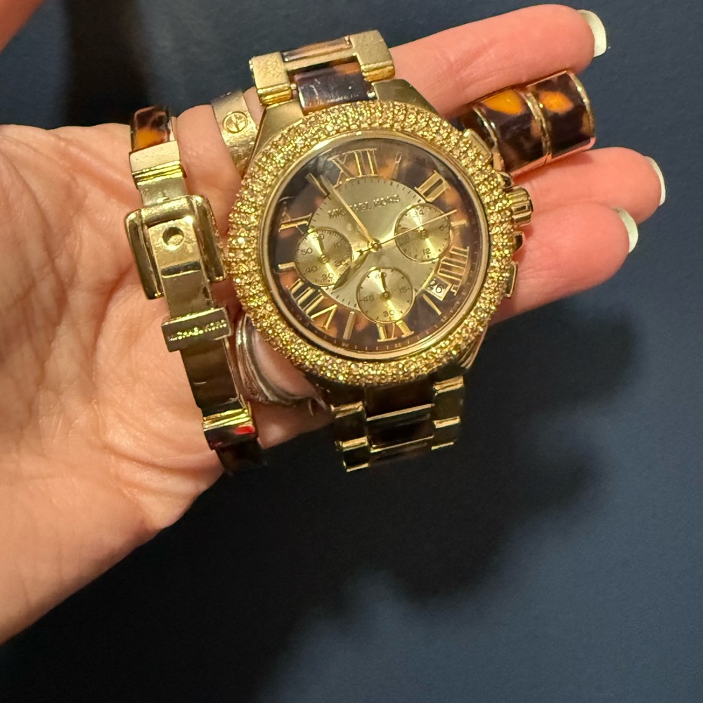 Michael Kors Gold and Brown Chronograph Watch Set with bracelet & earrings